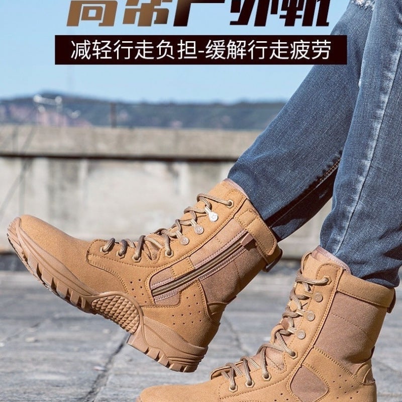 New High-Top Brown Work Boots, Wear-Resistant, Trendy, Waterproof, Labor Protection Shoes, Lightweight, Outdoor, Non-Slip, Desert Boots, Mountaineering - Image 1